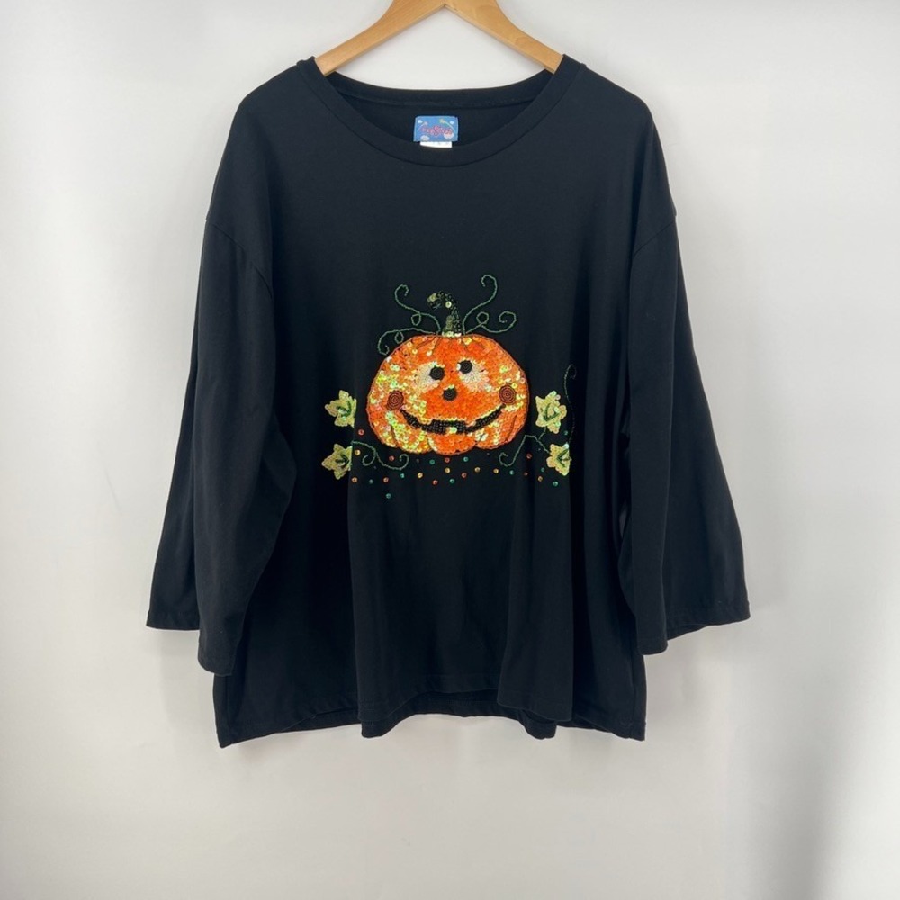 Jack O Lantern Top 3XL Sequin PUMPKIN Halloween Fall Autumn Black 3/4 Sleeve